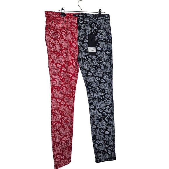 Valabasas Mens Paisley Print Slim Fit Pants 32 Red & Black Split Bandana Stretch - Picture 1 of 12